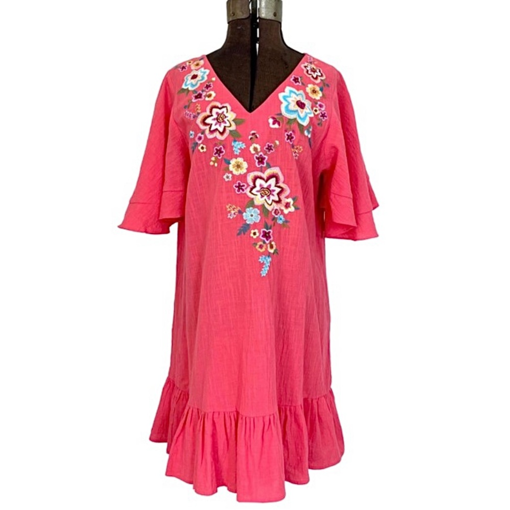UMGEE Pink Floral Embroidered Shift Dress Womens Size Medium Cotton Vneck